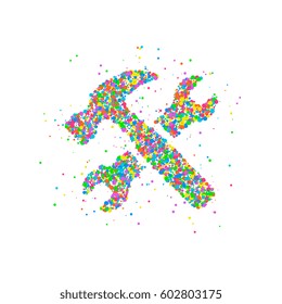 Abstract icon of a hammer and a splash key of multi-colored circles. Vector illustration.