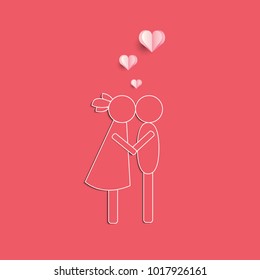 Abstract icon of kissing two people. Vector love symbol with hearts