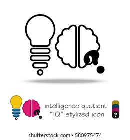 Abstract icon of light silhouette with brain - stylized letters IQ - intelligence quotient. Best Idea, creativity or brainstorm logo. IQ test icon