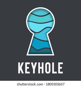 Abstract icon or logo design template keyhole for the key of the front door on a black background from which you can see the sea pattern of wavy blue lines. Business identity. Vector illustration.