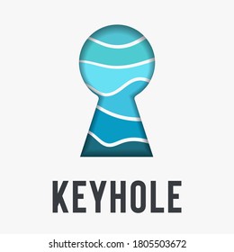 Abstract icon or logo design template keyhole for the key of the front door on a white background from which you can see the sea pattern of wavy blue lines. Business identity. Vector illustration.