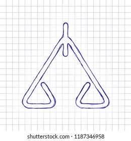 abstract icon or logo of scale. Hand drawn picture on paper sheet. Blue ink, outline sketch style. Doodle on checkered background