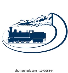 Abstract icon with a moving locomotive. Old rail. Illustration on white background.