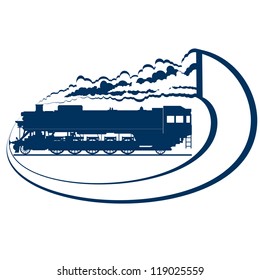 Abstract icon with a moving locomotive. Old rail. Illustration on white background.