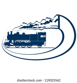 Abstract icon with a moving locomotive. Old rail. Illustration on white background.