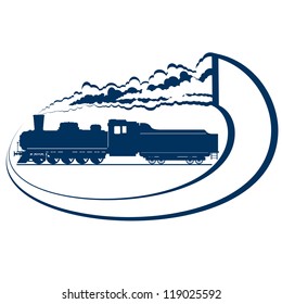 Abstract icon with a moving locomotive. Old rail. Illustration on white background.