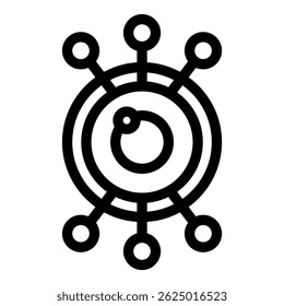 Abstract icon of a network connecting to central hub with satellites, representing concepts such as technology, communication, and connectivity