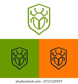 Ein abstraktes Symbol zeigt ein Käfer-Design, das in eine Schild-Form eingeschlossen ist. Die Illustration verwendet einen linearen Stil mit einer farbigen Textur und weist grüne und orangefarbene Farbvarianten auf. Die Komposition schlägt Schutz und Sicherheit vor, geeignet für verschiedene digitale und kommerzielle Anwendungen.