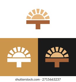 Un icono abstracto presenta un sol estilizado sobre una base rectangular y una letra T. El diseño emplea tonos cálidos de marrón y beige, sobre tres fondos distintos. Parece ser una Ilustración vectorial, apta para proyectos comerciales, y la composición se centra en líneas limpias y una estética moderna.