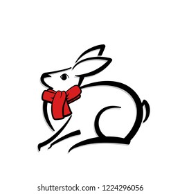 Abstract icon of a rabbit. Black and white simple logo. Vector illustration. Red scarf.
