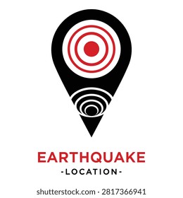 Abstract icon representing earthquake location with seismic waves inside a map pin. Visual symbol for seismology, tectonic activity, and disaster mapping.