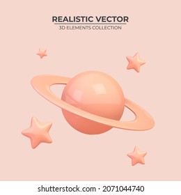 Abstract Icon Of Saturn Or Planet With Ring Around And Stars. Glossy 3d Saturn With Bright Ring Around. Realistic 3d Symbol Design. Vector Illustration