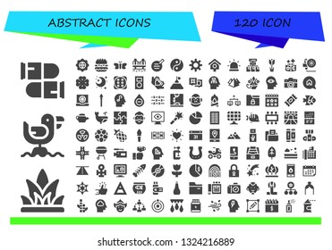 abstract icon set. 120 filled abstract icons.  Collection Of - Bullets, Grass, Seagull, Options, Burger, Moth, Bridge, Writer, Yin yang, Sun, Bird house, Alarm, Network, Tulip