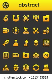 abstract icon set. 26 filled abstract icons.  Collection Of - Virus, Fish, Horseshoe, Satellite, Elephant, Folder, Jug, Flash, Car, Writing tool, Sugar, Stats, Ornament, Labyrinth