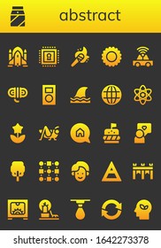 abstract icon set. 26 filled abstract icons. Included Rocket ship, Milk, Chip, Torch, Sun, Car, Rope, Mp player, Shark, Earth grid, Atom, Flower, Grasshopper, Advertising icons