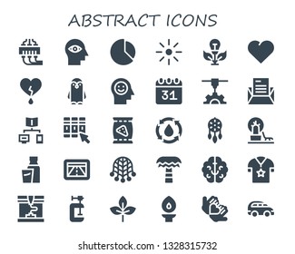 abstract icon set. 30 filled abstract icons.  Simple modern icons about  - 3d printing, Mind, Chart, Brightness, Green energy, Heart, Penguin, Calendar, 3d printer, Letter, Connection