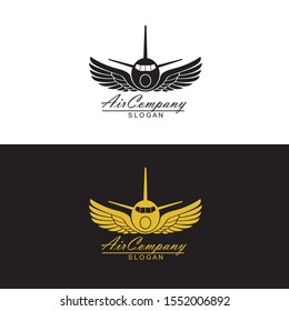 abstract icon set of airplane with bird wings isolated on white and black background