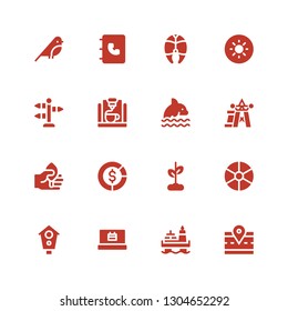 abstract icon set. Collection of 16 filled abstract icons included Road, Oil, Calendar, Aviary, Ball, Growth, Diagram, Leaf, Power, Dolphin, d printer, Street, Brightness, Fish