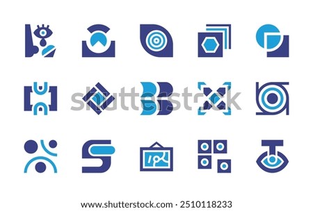 Abstract icon set. Duotone color. Vector illustration. Containing abstract, planets, letterd, geometricfigures, cross, abstractart, abstractshape, component.