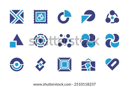 Abstract icon set. Duotone color. Vector illustration. Containing abstract, clover, planets, maze, geometricfigures, picture, painting, art.