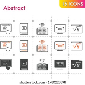 abstract icon set. included e-book, maths, book, touchscreen, student, desktop icons on white background. linear, bicolor, filled styles.