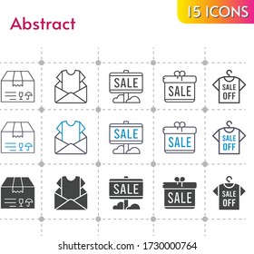 abstract icon set. included gift, newsletter, sale, package, shirt icons on white background. linear, bicolor, filled styles.