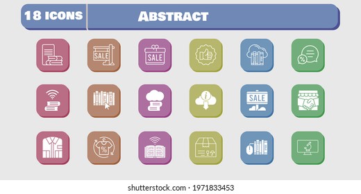abstract icon set. included gift, handshake, package, like, book, microscope, cloud, cloud library, sale, shirt, books icons on white background. linear, filled styles.