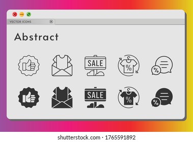 abstract icon set. included newsletter, sale, shirt, like, chat icons on white background. linear, filled styles.