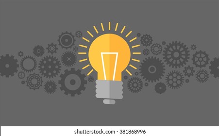 Abstract icon set of machine gear with an abstract flat design lightbulb idea icon at the center of conceptual composition