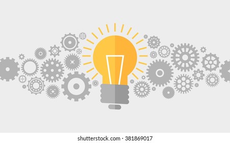 Abstract icon set of machine gear with an abstract flat design lightbulb idea icon at the center of conceptual composition