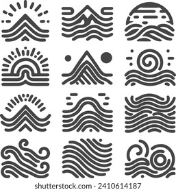 abstract icon set of organic lines, waves, mountains, sea, ocean, modern art, modern icons vector art