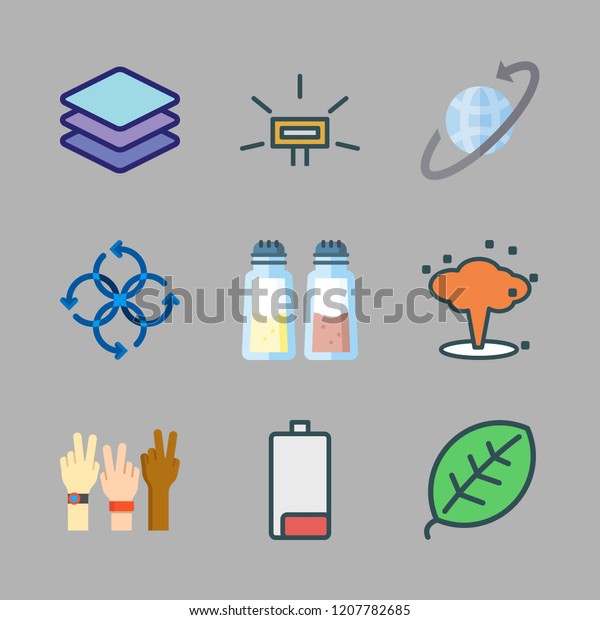 abstract icon set. vector set about layers, leaf,\
peace and flash icons\
set.