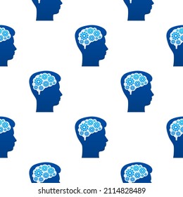 Abstraktes Symbol mit Silhouette Mann Kopf Zahnräder auf hellem Hintergrund Muster. Konzept der psychischen Gesundheit. Geschäftskonzept. Einziger Vektor.