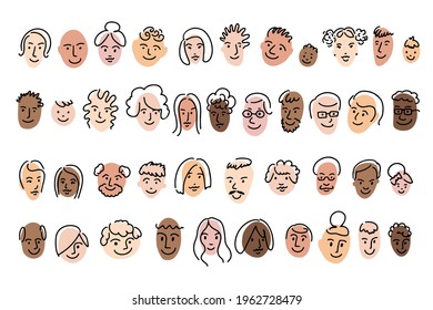 Abstract icon simple doodle avatar set. Woman, man, boy, girl, teenager face portrait, grandmother grandfather old, young man, hairstyle, african, asian, european, american. Vector illustration.