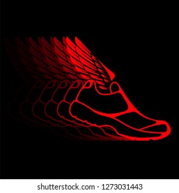 Abstract icon of sports shoes with wings in dynamics.