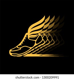 Abstract icon of sports shoes with wings in dynamics.