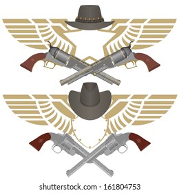 Abstract icon with a star and a shield with wings and a firearm. The illustration on a white background.