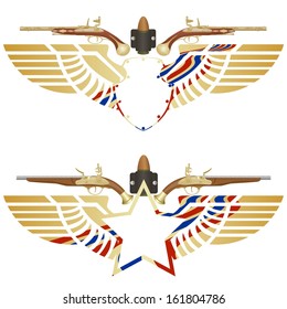 Abstract icon with a star and a shield with wings and a firearm. The illustration on a white background.