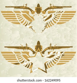 Abstract icon with a star and a shield with wings and a firearm. The illustration on a white background.
