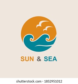 abstract icon of sun and sea with seagulls isolated
