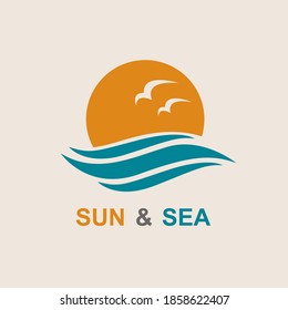 abstract icon of sun and sea with seagulls isolated