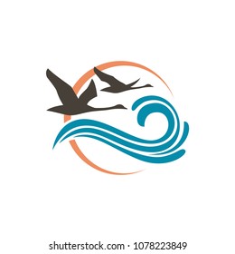 icono abstracto con cisnes, sol y olas