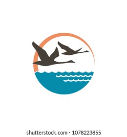 abstract icon with swans, sun and waves