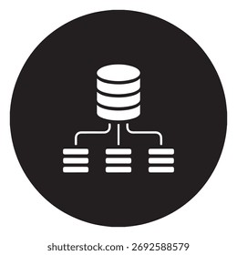 Abstract icon symbolizing data management and network connectivity with centralized storage and distributed nodes isolated on white background