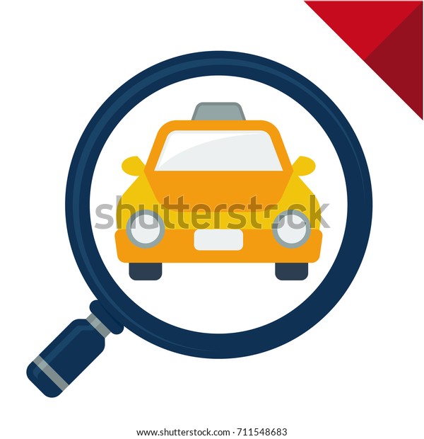 abstract icon for taxi search, illustrated with\
magnifying glass and taxi\
car