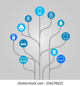 Abstract icon tree illustration - computer hardware, technology and electronic devices