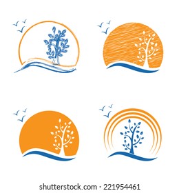 Abstract icon of tree,sun and birds .Vector