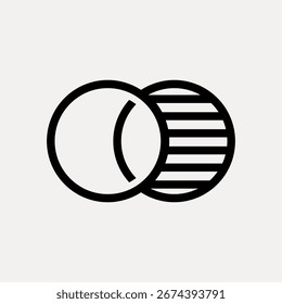 Ícone abstrato com dois círculos sobrepostos. Um círculo é sólido, o outro tem listras. Design minimalista com círculos e listras, perfeito para temas abstratos. Vetor de ícone de interface do usuário.