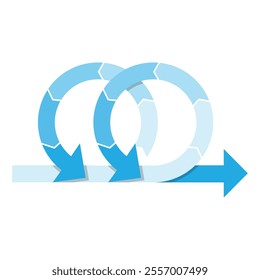An abstract icon of two recycling circles with arrows in blue