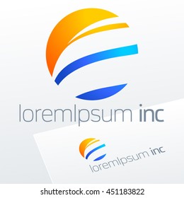 Abstract icon, vector sign, decorative emblem, blue and yellow logotype in sphere shape. Logo for Business, Tourism and Travel